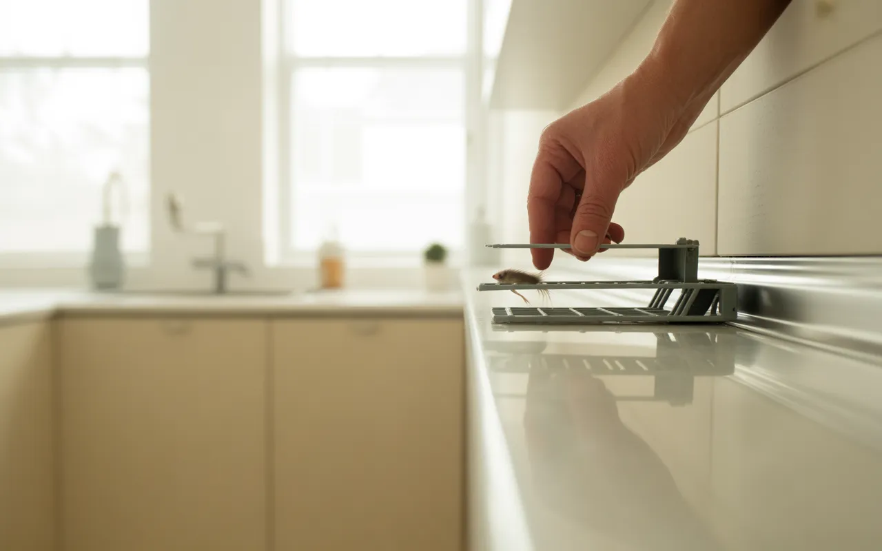 Main déposant un piège à rats derrière une plinthe dans une cuisine lumineuse, illustrant une action de dératisation moderne dans un environnement propre.