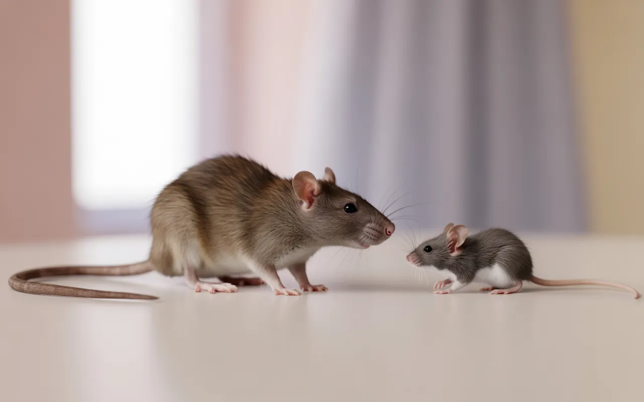 Rat et souris posés côte à côte sur une surface claire, détail des différences morphologiques, image comparative optimisée pour la dératisation.