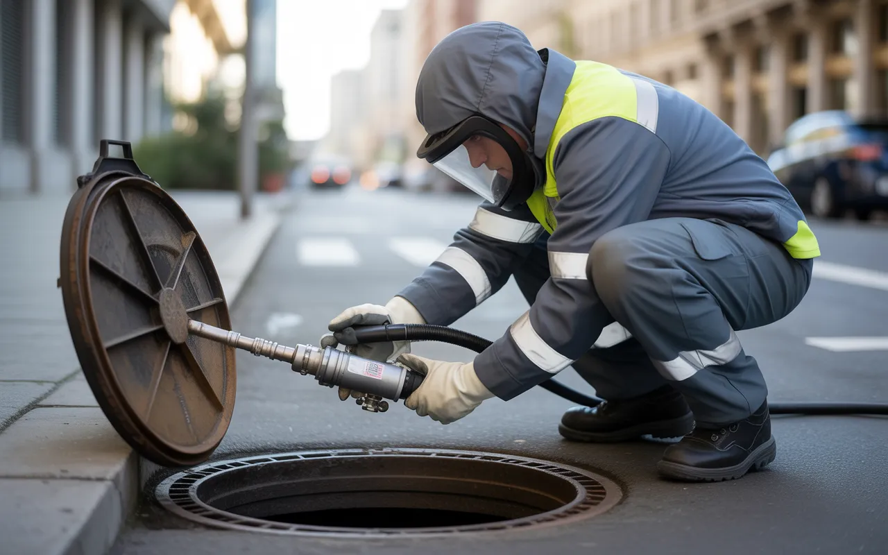 Agent de dératisation professionnel en combinaison manipulant un équipement spécialisé à l’entrée d’une bouche d’égout urbaine, illustrant les méthodes modernes de dératisation et traitement des égouts.