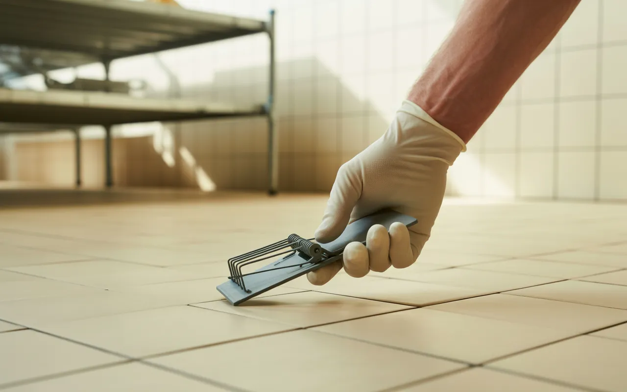 Dératisation en milieu agroalimentaire : main gantée posant une souricière professionnelle sur un sol propre devant un mur carrelé blanc, équipement hygiénique et environnement stérile.