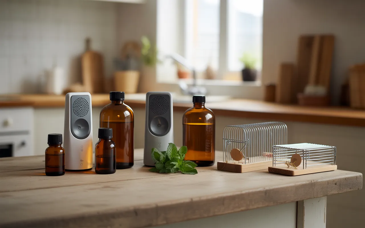 Produits de dératisation écologiques sur table en bois clair : huiles essentielles, répulsifs ultrasoniques, pièges à souris sans cruauté, lumière naturelle, ambiance sécurisante.