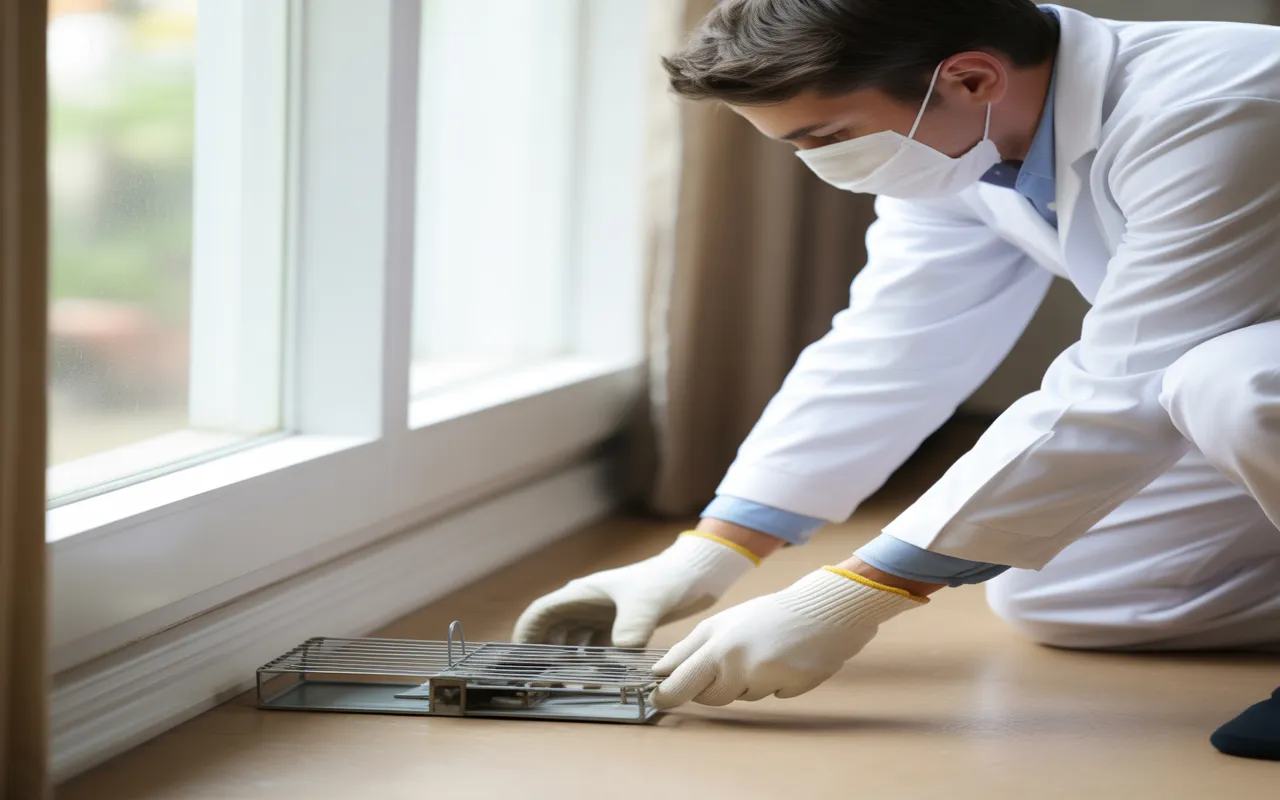 Technicien de dératisation en combinaison manipulant un piège à rat sécurisé près d’une plinthe dans un intérieur propre, mains gantées en gros plan, équipement professionnel de dératisation, ambiance rassurante.