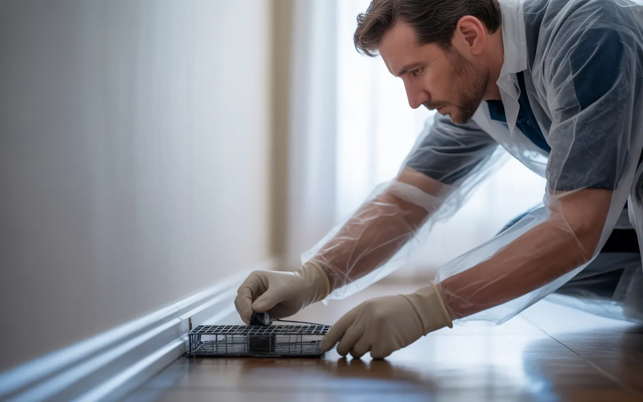 Professionnel de la dératisation plaçant un piège sous une plinthe dans un intérieur propre, combinaison de travail et gants visibles, mise au point sur le geste contre un mur blanc, ambiance sérieuse et rassurante.