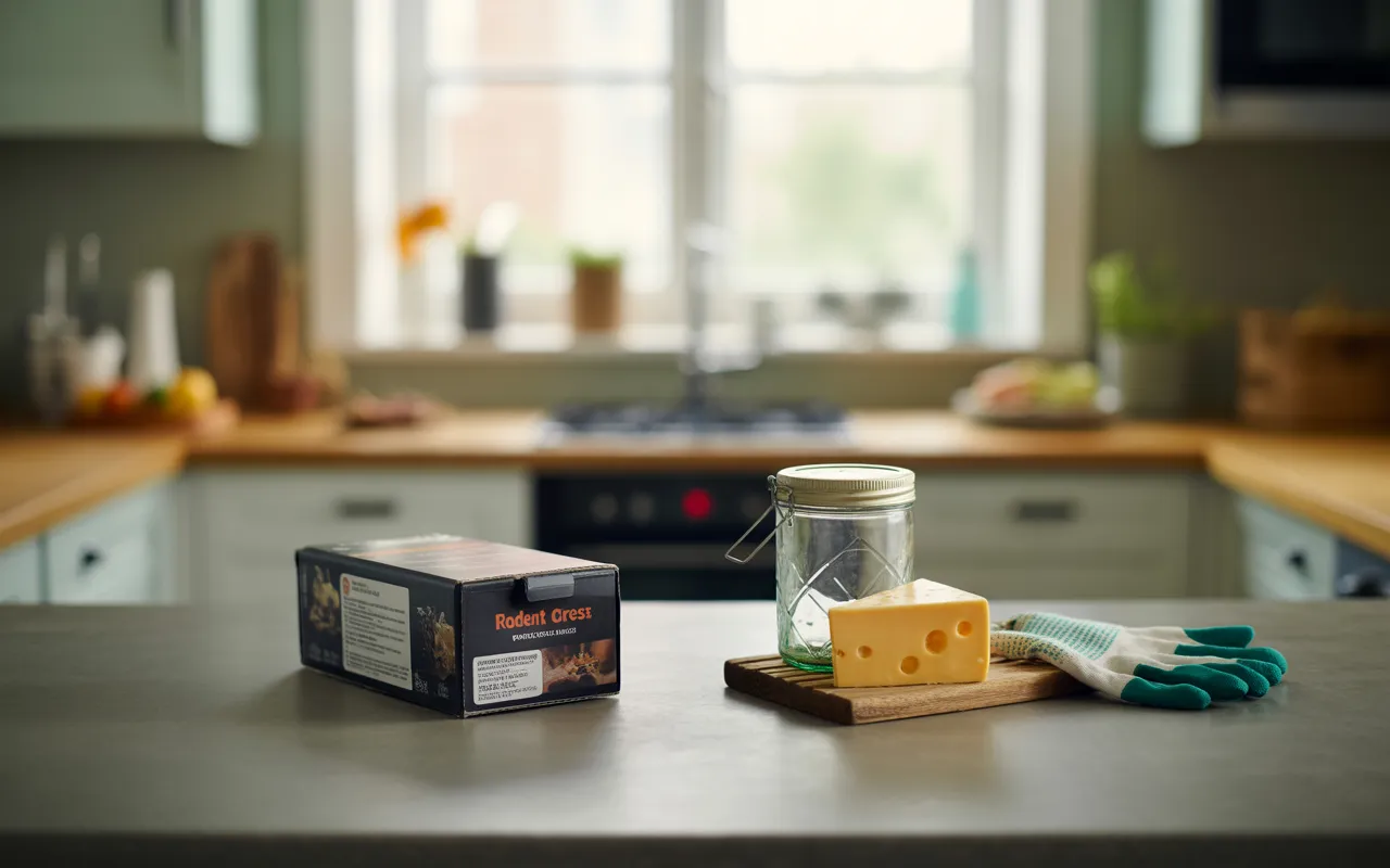Produits de dératisation professionnels et solutions naturelles posés sur une table de cuisine moderne, focus sur la boîte de dératisation et un piège à souris artisanal, ambiance lumineuse et apaisante.