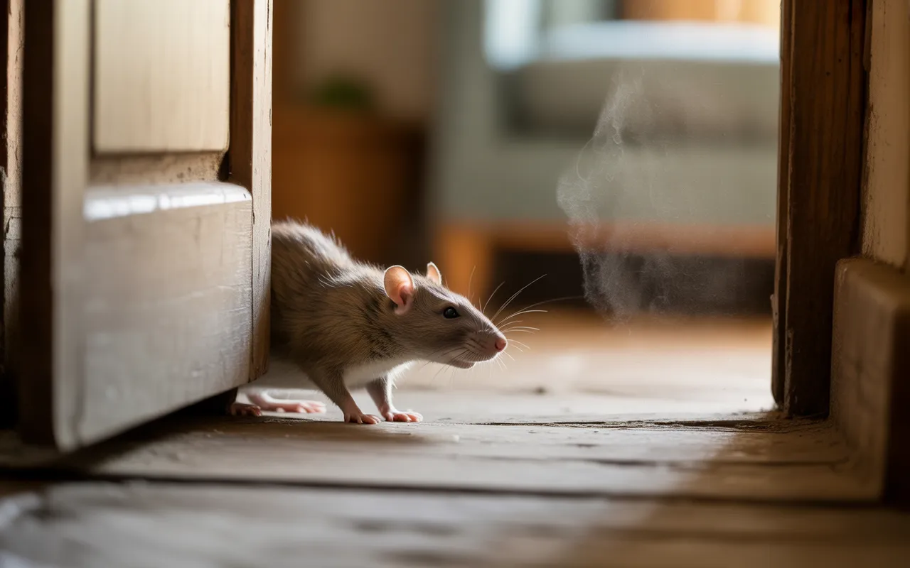 Dératisation : rat brun s’introduisant sous une porte entrouverte, vue au sol, image réaliste illustrant un problème d’infestation à domicile.