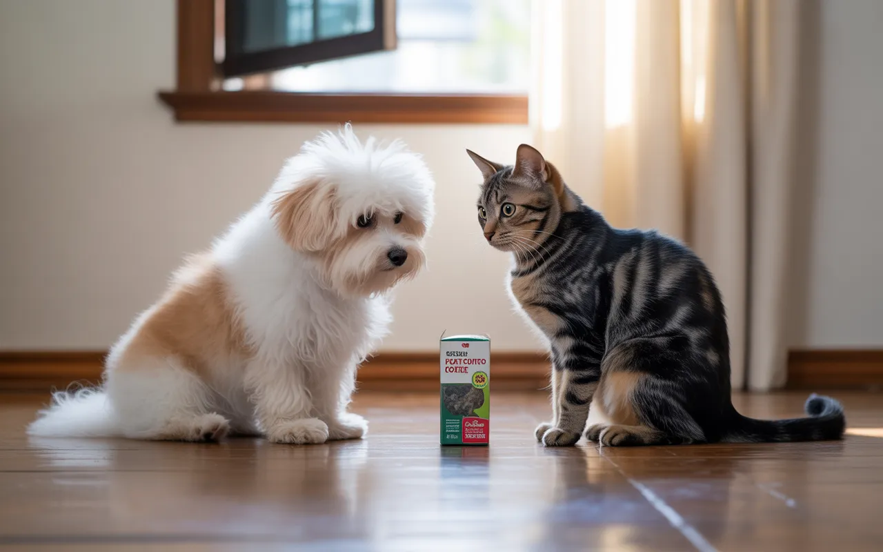 Chat et petit chien bichon assis côte à côte devant une porte entrouverte, fixant attentivement une boîte de produits de dératisation posée au sol dans une pièce lumineuse et épurée, soulignant la vigilance face aux solutions de dératisation.