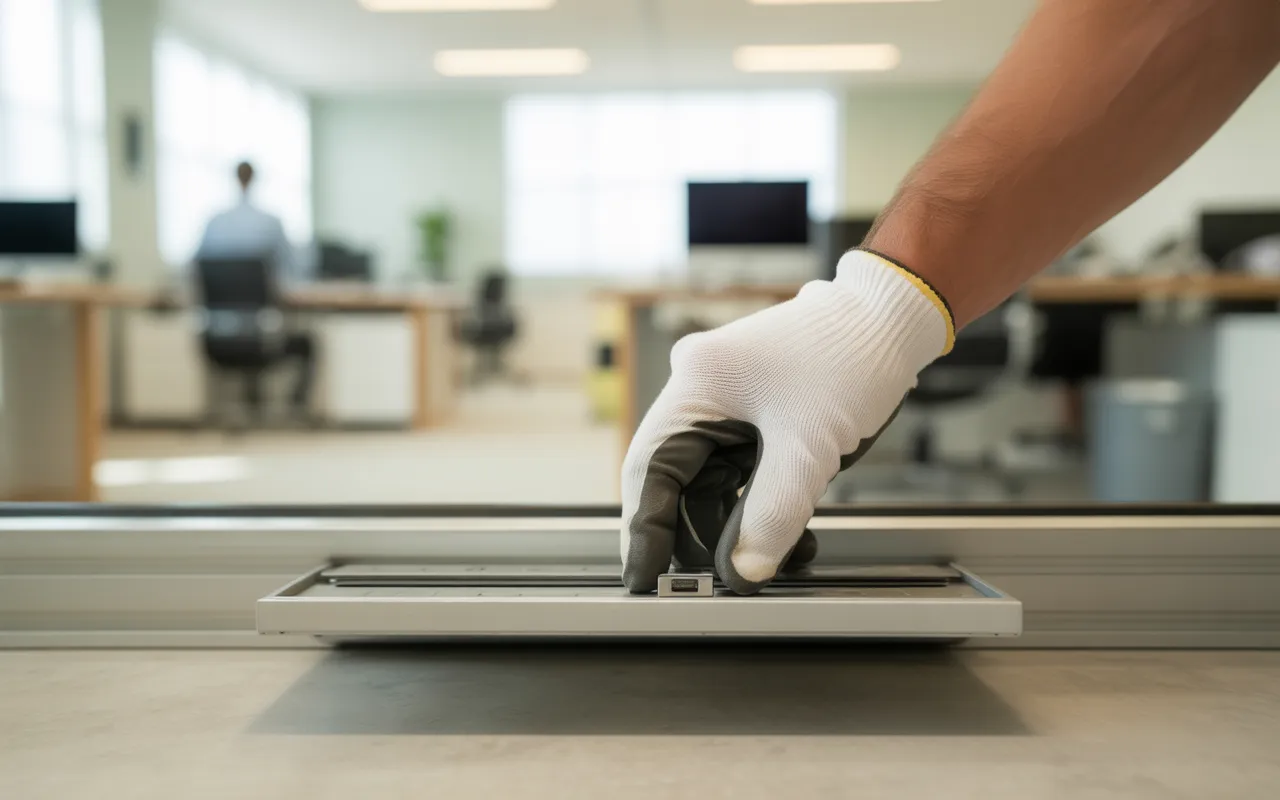 Main gantée installant une trappe de dératisation professionnelle derrière une plinthe dans un bureau moderne, mettant en avant un dispositif de dératisation dans un environnement d'entreprise propre.
