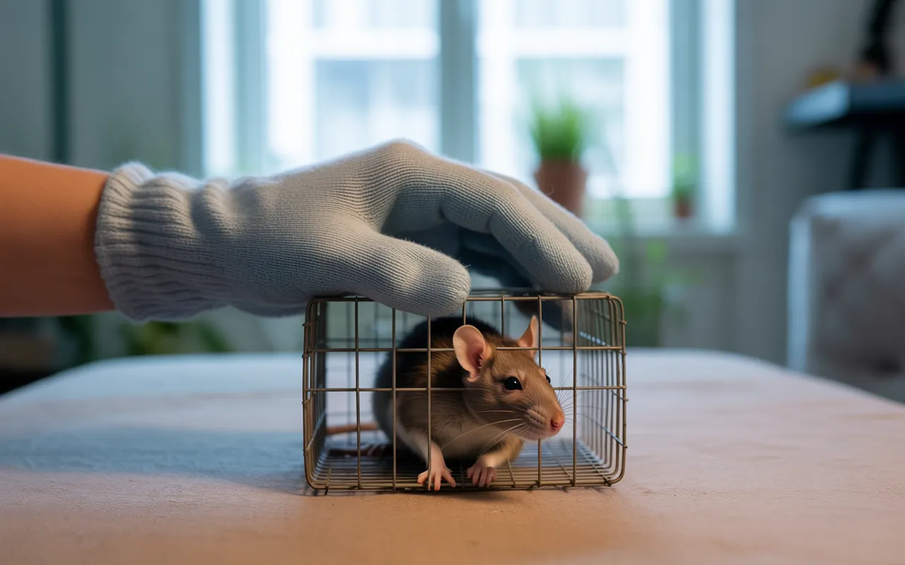 Main gantée tenant une cage à rat sécurisée contenant un rat brun calme, mise au point centrée sur la scène, illustrant une intervention de dératisation professionnelle dans un appartement moderne avec ambiance apaisante.