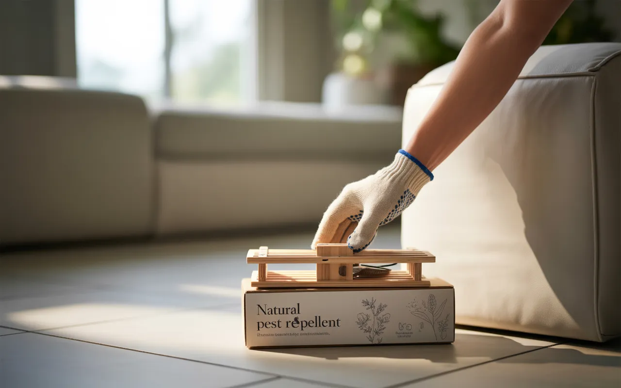 Main gantée plaçant un piège écologique et une boîte de répulsif naturel pour la dératisation sur un sol propre dans un intérieur moderne, mise au point sur les produits, ambiance pastel et lumineuse.