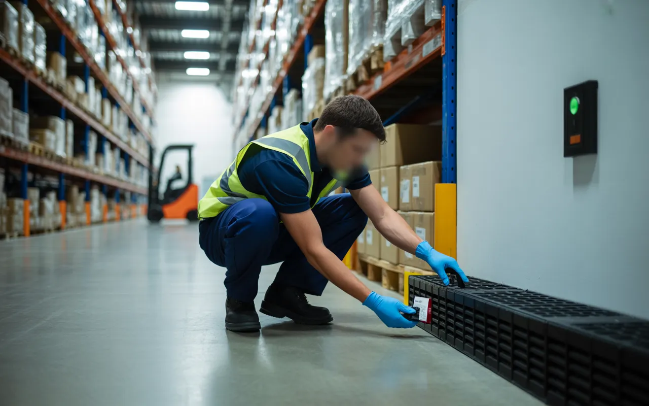 Dératisation en entrepôt logistique moderne: technicien en EPI, genou à terre, installe un poste d’appâtage sécurisé le long de la plinthe; focus sur mains gantées.