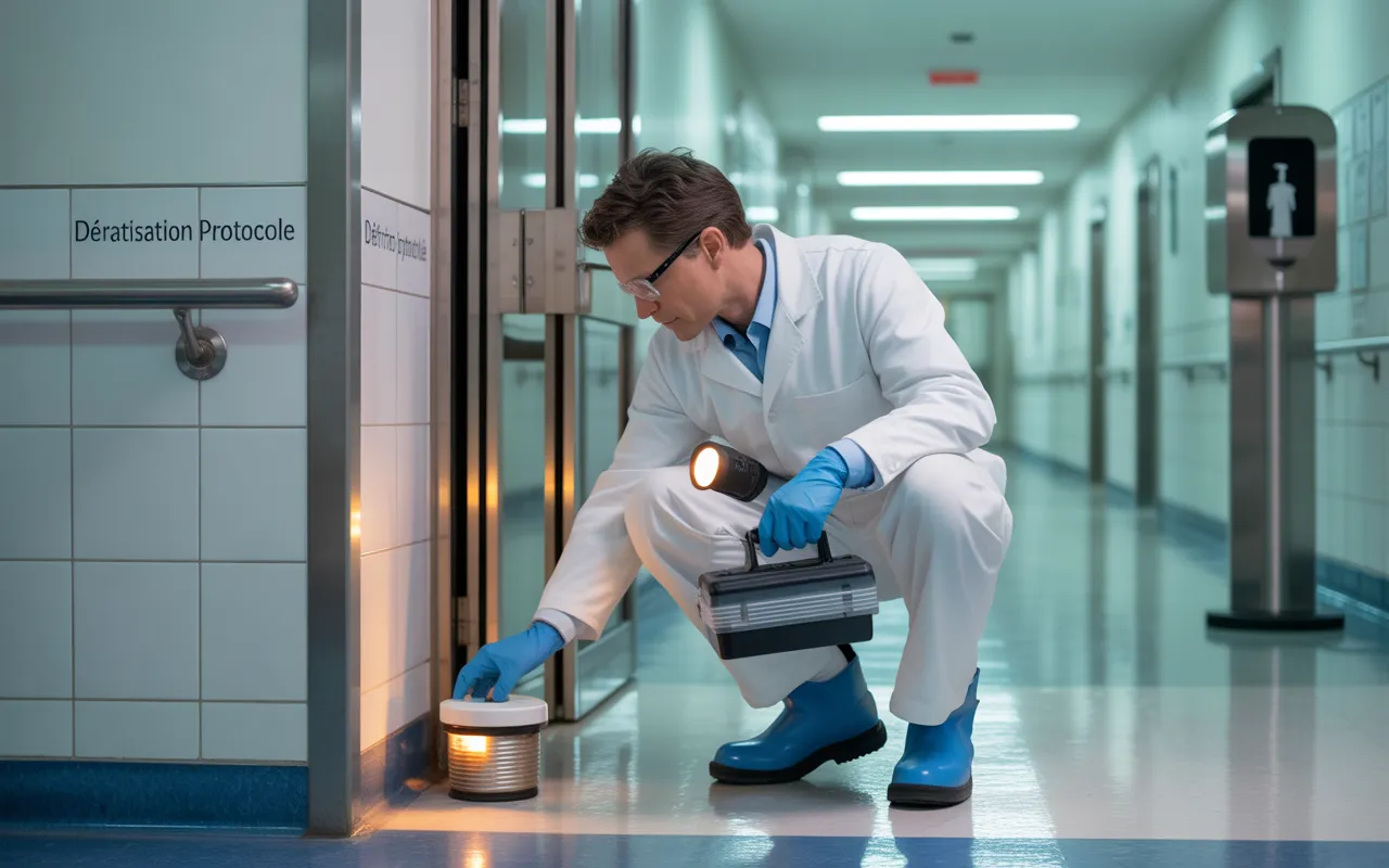 Dératisation hôpitaux et cliniques : technicien en EPI place une station d’appât scellée dans un couloir d’hôpital immaculé, protocole maîtrisé.