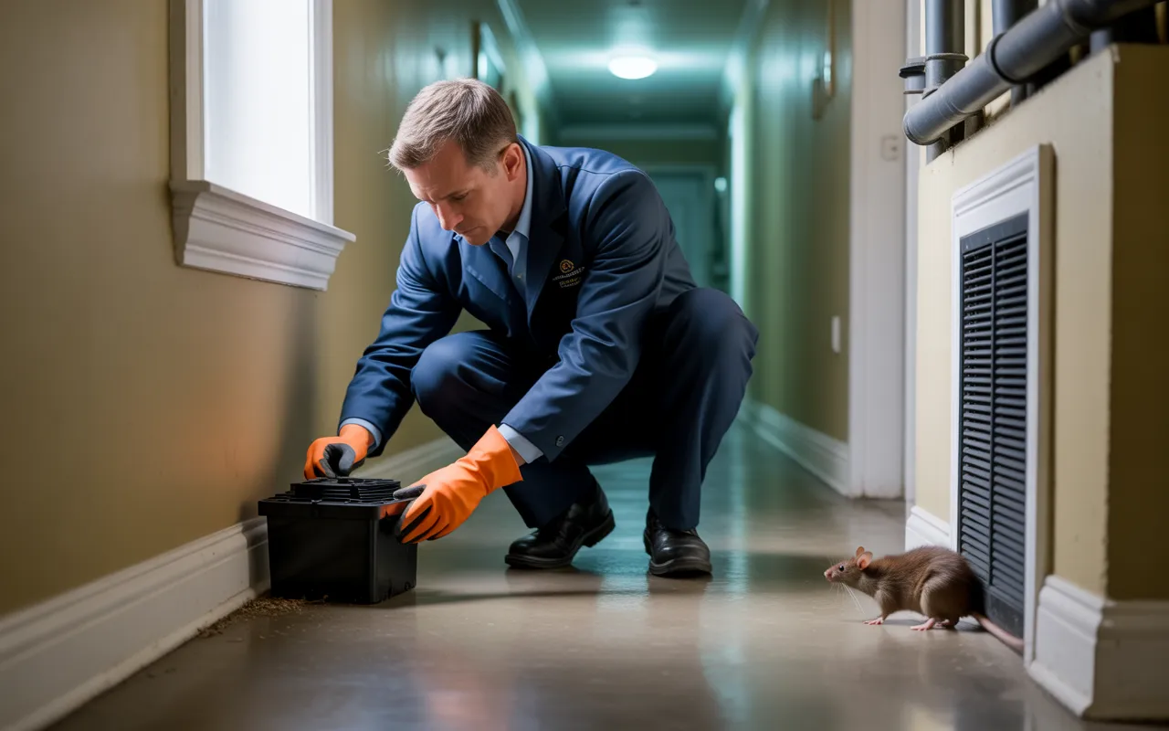 Technicien de dératisation en copropriété, genou à terre avec gants nitrile orange, posant un poste d’appât sécurisé contre une plinthe dans un couloir propre; petit rat brun flou au fond.