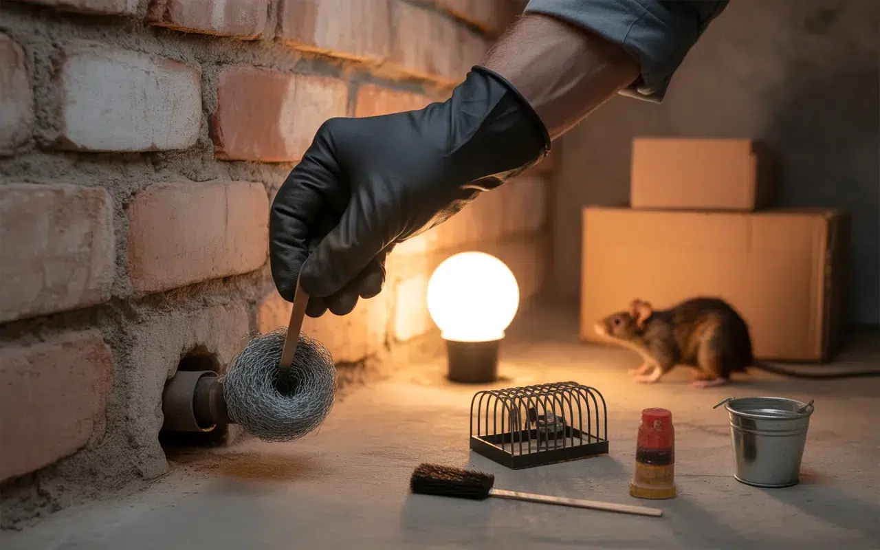 Dératisation cave et sous-sol – prévention: main gantée colmate un trou à la laine d’acier autour d’un tuyau; piège à rats, station d’appât, rat discret au fond.