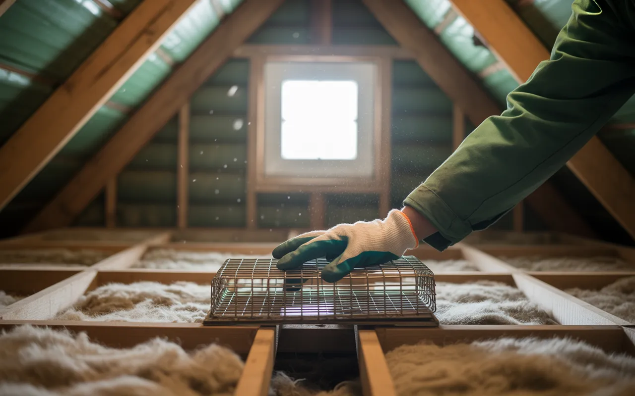 Dératisation écologique et durable en combles: main gantée de technicien plaçant un piège vivant près d’un point d’entrée colmaté, charpente et isolation visibles.