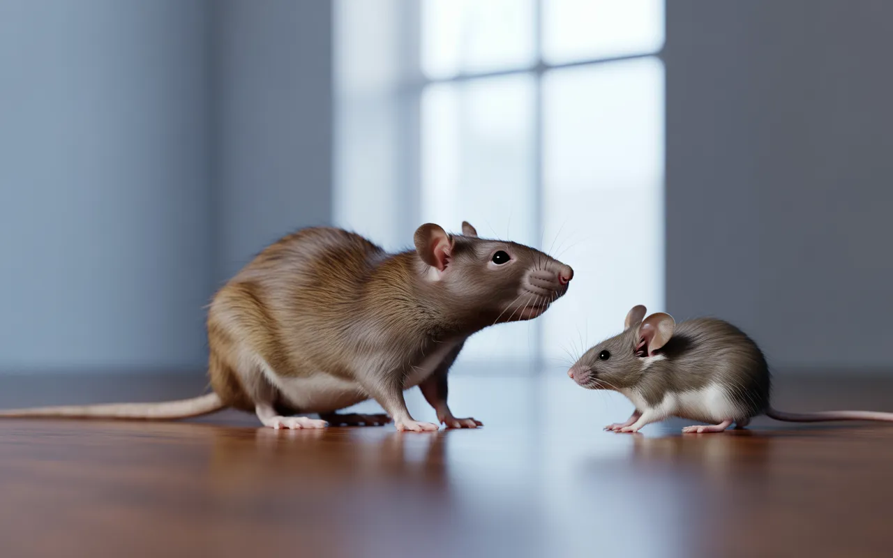 Dératisation: rat brun adulte à gauche et souris domestique à droite, côte à côte en trois-quarts, intérieur minimaliste flou, sol en bois clair, éclairage doux, netteté sur pelage et yeux.