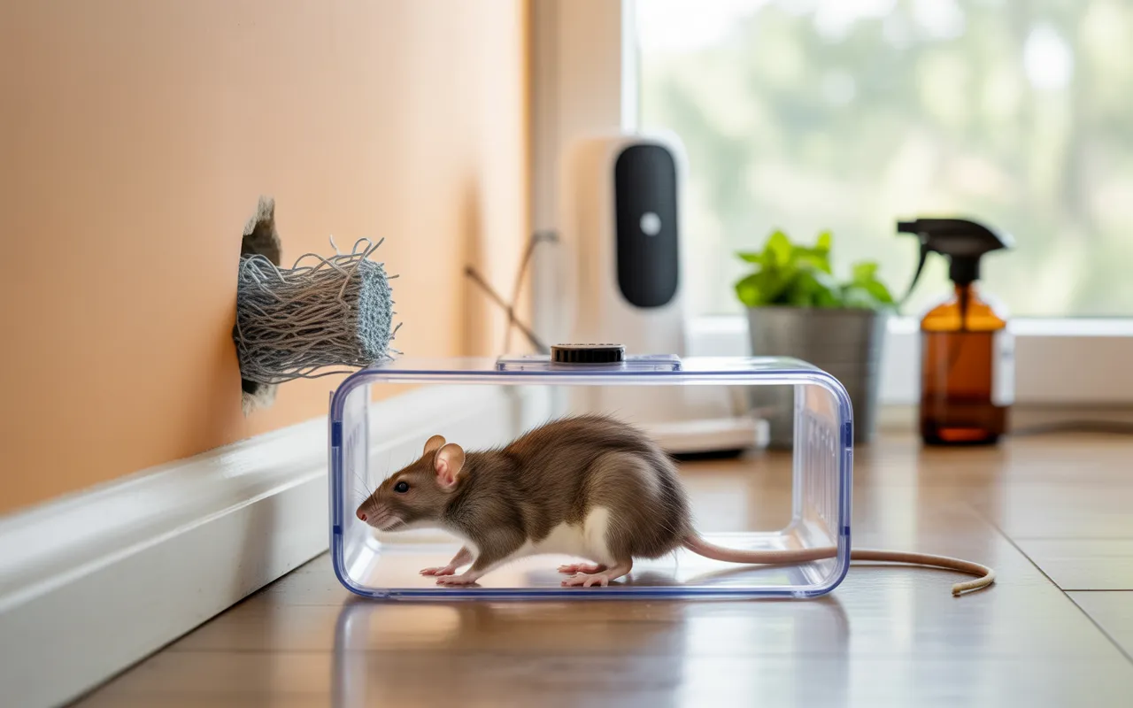 Dératisation écologique sans poison: piège à capture vivante le long d’une plinthe, rat brun reniflant l’entrée; trou bouché à la laine d’acier, répulsif ultrason, menthe et spray naturel en arrière-plan.