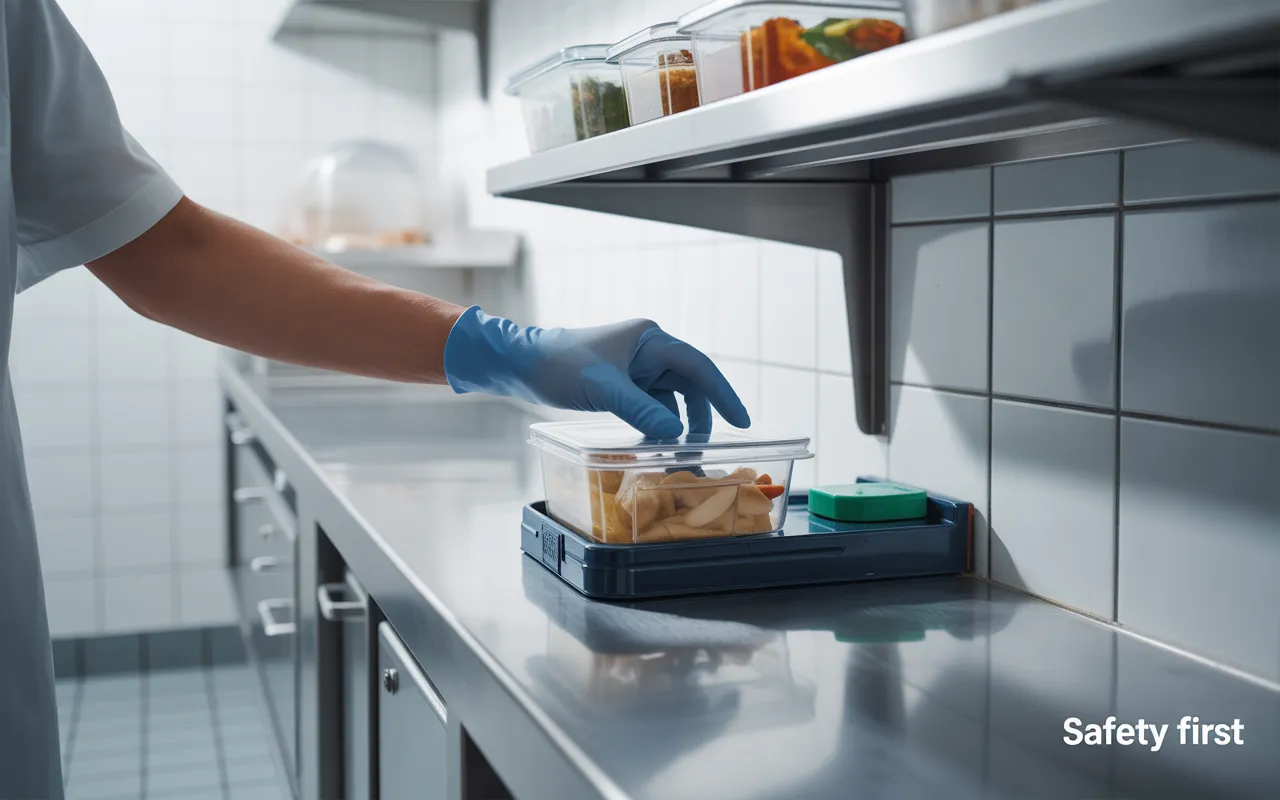 Cuisine commerciale en inox immaculée: main gantée bleue place une station de dératisation inviolable près d’un angle; contenants alimentaires hermétiques, sécurité alimentaire HACCP.