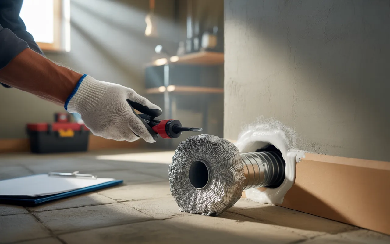 Dératisation: professionnel scellant un point d’entrée autour d’un tuyau avec laine d’acier inox et mousse expansive, mains gantées en gros plan.