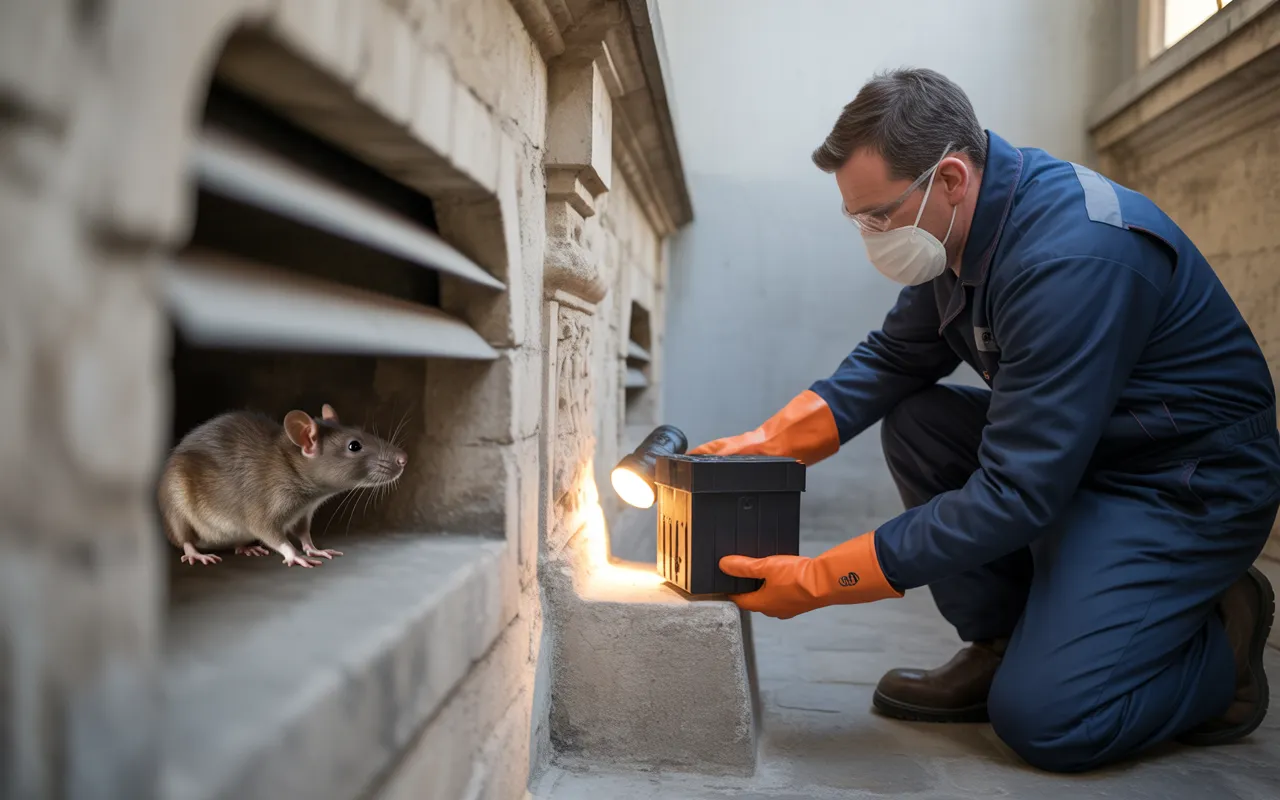 Technicien de dératisation en Île-de-France agenouillé, plaçant une boîte d’appât noire contre une plinthe en pierre dans une cave; rat brun discret près d’une grille au fond.