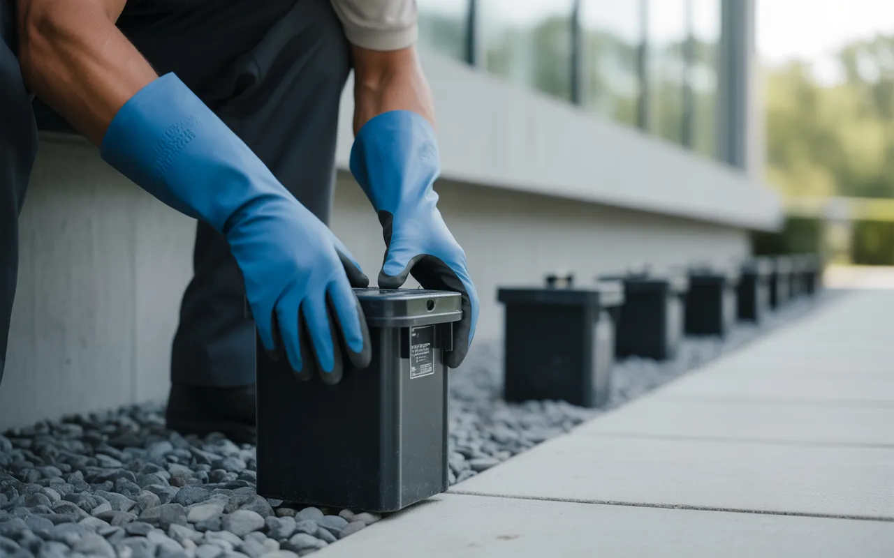 Dératisation: technicien en gants nitrile bleus place un boîtier d’appâtage noir verrouillable au pied du mur extérieur d’un bâtiment moderne, autres boîtiers alignés en prévention.