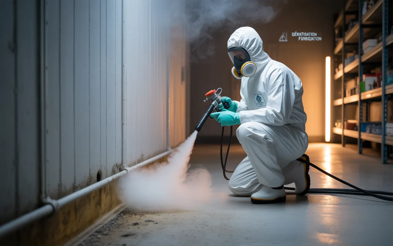 Dératisation par fumigation dans un sous-sol technique propre : technicien de lutte anti-rongeurs en EPI complet applique une fumée blanc/gris perle au ras des plinthes, petits trous et câble légèrement grignoté visibles.