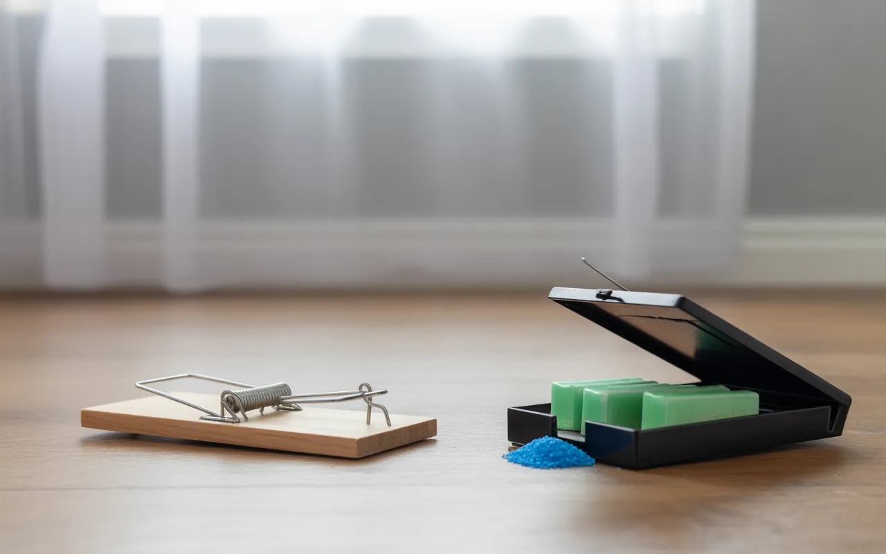 Comparatif dératisation: piège à souris en bois armé à gauche, station d’appâtage noire verrouillable avec blocs d’appât verts et granulés bleus à droite, sur plancher bois clair, mur gris flou.