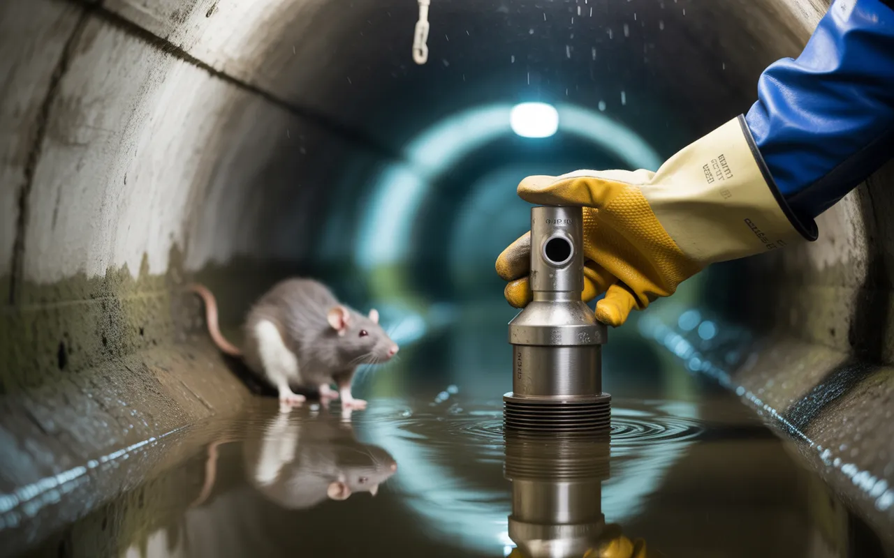 Pose d’un clapet anti-rongeurs en inox par une main gantée dans un égout humide; rat flou en arrière-plan — dératisation.