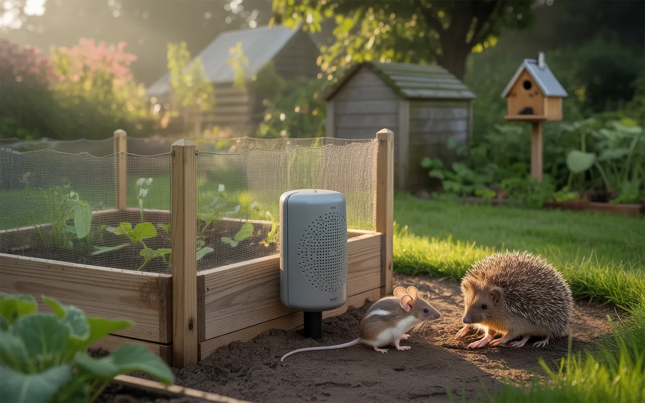Dératisation écologique et respectueuse de la faune dans un jardin familial: dispositif ultrason discret près d’un potager surélevé, souris des champs allant vers un abri à hérissons; nichoir à chouette et composteur fermé en arrière-plan, lumière dorée.