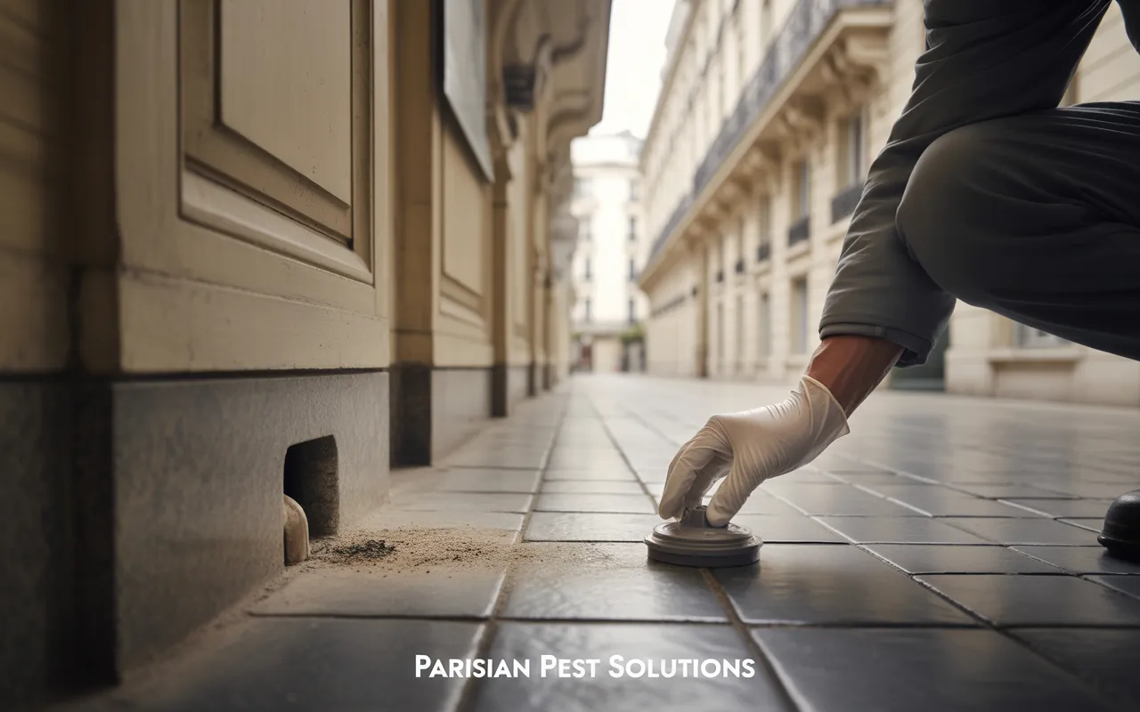 Dératisation en copropriété à Paris : technicien ganté posant un boîtier d’appât discret dans un hall d’entrée haussmannien.