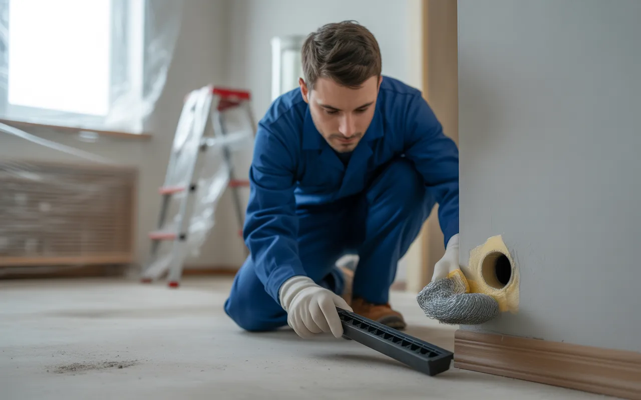 Dératisation professionnelle dans un appartement rénové : technicien agenouillé place un boîtier d’appât sécurisé le long de la plinthe et bouche un trou avec laine d’acier et mousse.