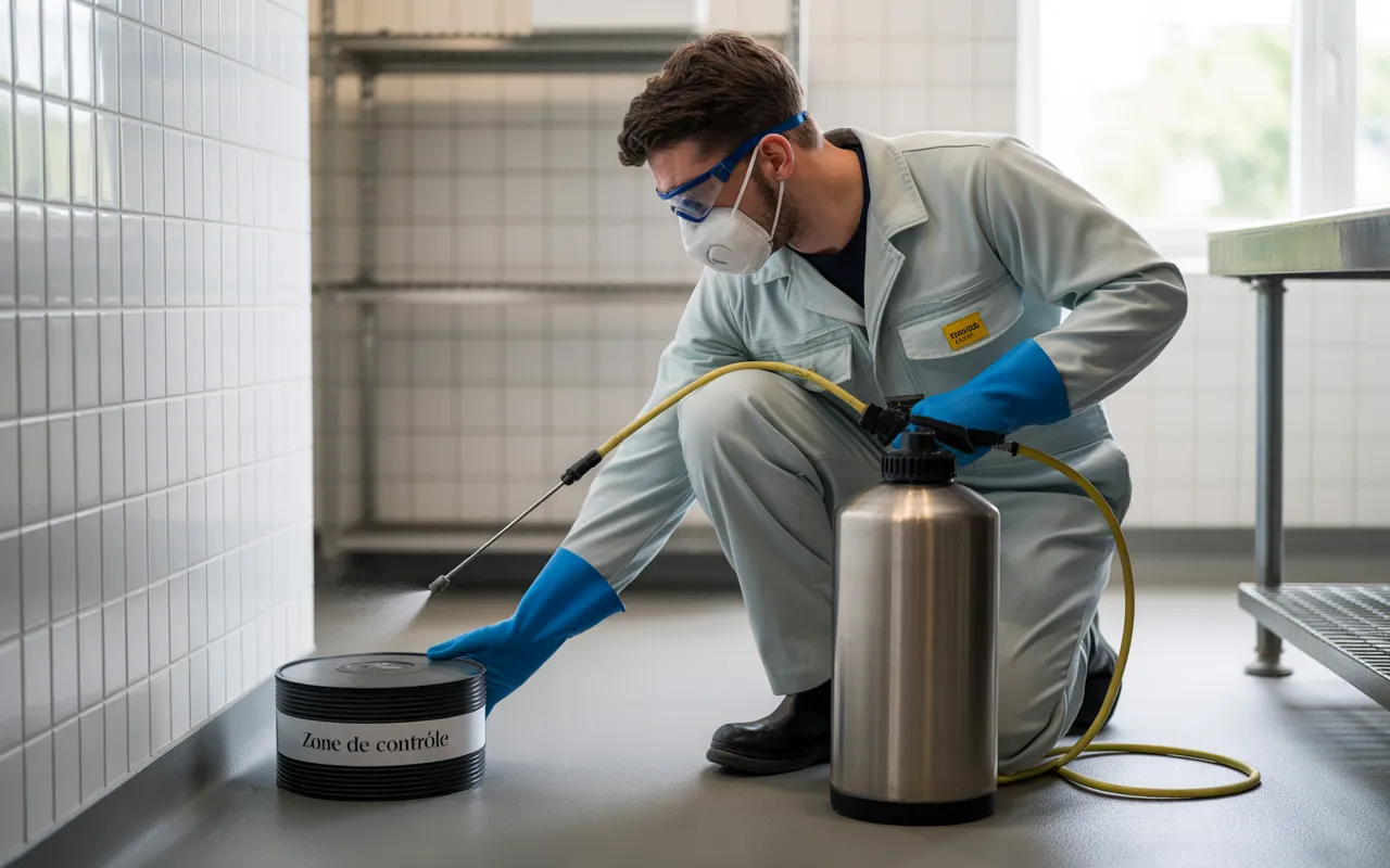 Technicien de dératisation et désinfection en combinaison gris clair, gants bleus et masque FFP2, agenouillé, place un boîtier d’appâtage scellé près d’une plinthe, pulvérisateur inox à tuyau jaune, salle technique propre.