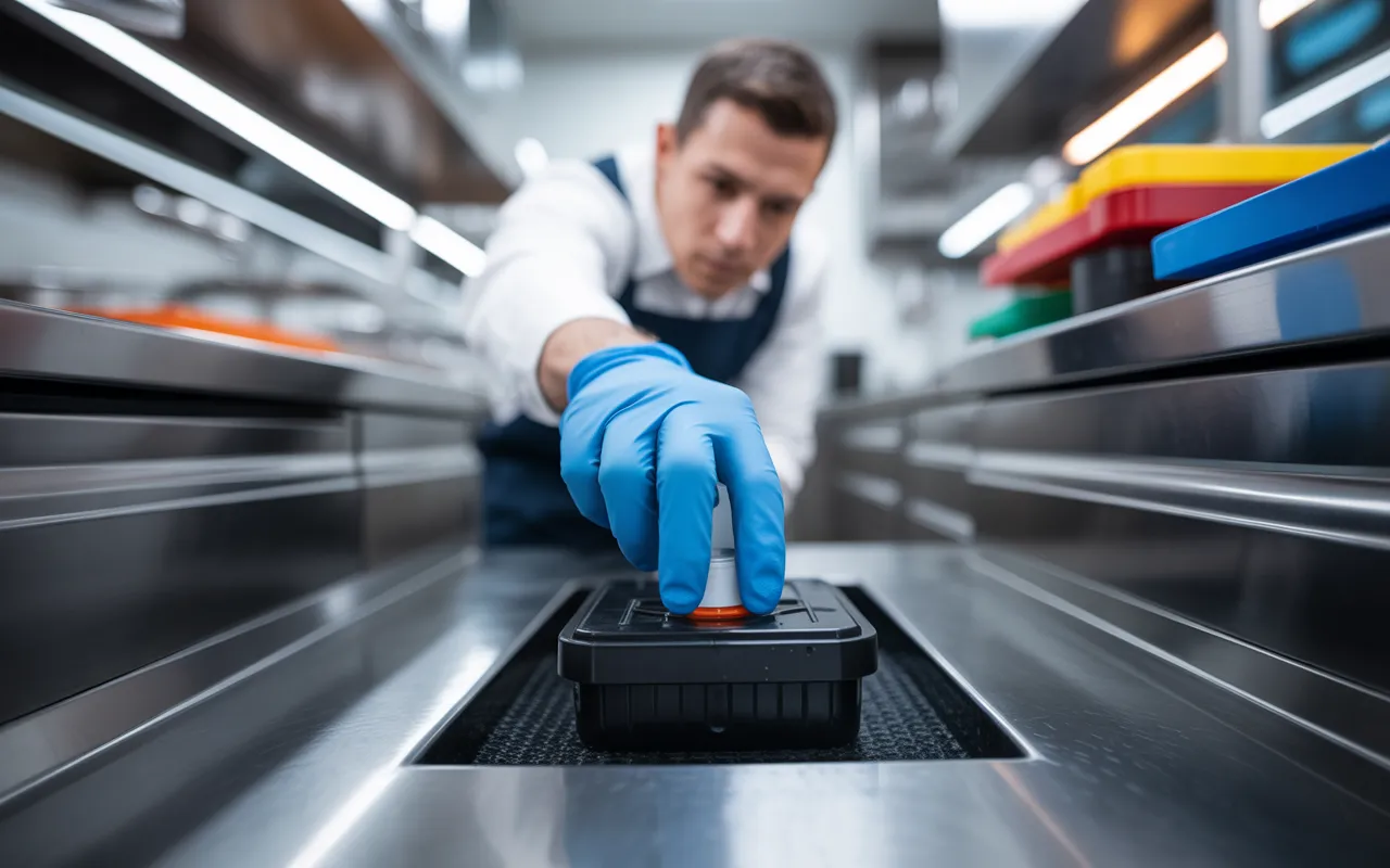 Dératisation professionnelle HACCP en cuisine de restaurant immaculée: technicien ganté place un poste d’appât scellé contre plinthe sous meuble inox, vue ras du sol.