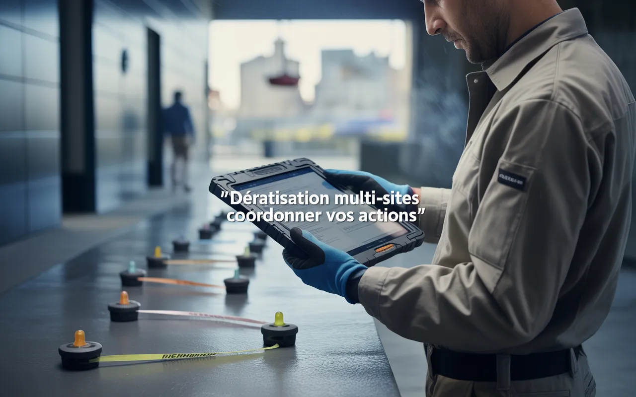 Technicien de dératisation inspectant un couloir industriel moderne, tablette robuste en main, boîtes d’appât noires alignées avec pastilles vertes/oranges, coordination multi-sites.