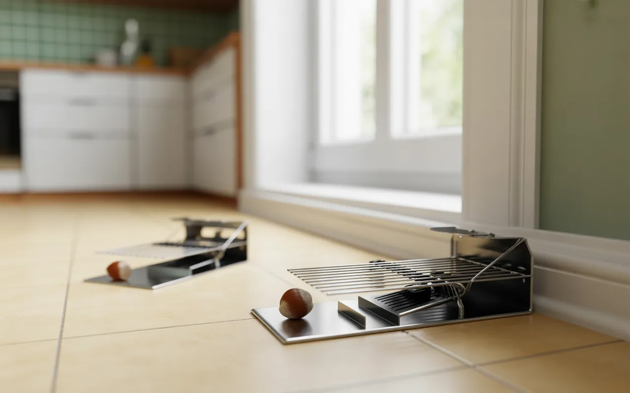 Dératisation maison: piège à rats moderne bien placé le long de la plinthe d’une cuisine propre, appât discret et main gantée l’ajustant; second piège flou au milieu, miettes et petit trou — erreur courante.