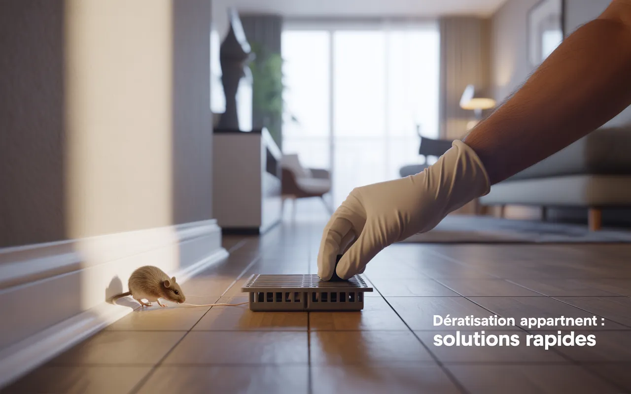 Dératisation appartement: gros plan au ras du sol d’un technicien en gant nitrile posant un piège discret près d’une plinthe; laine d’acier et mastic suggèrent des solutions rapides; rat flou; intérieur moderne.