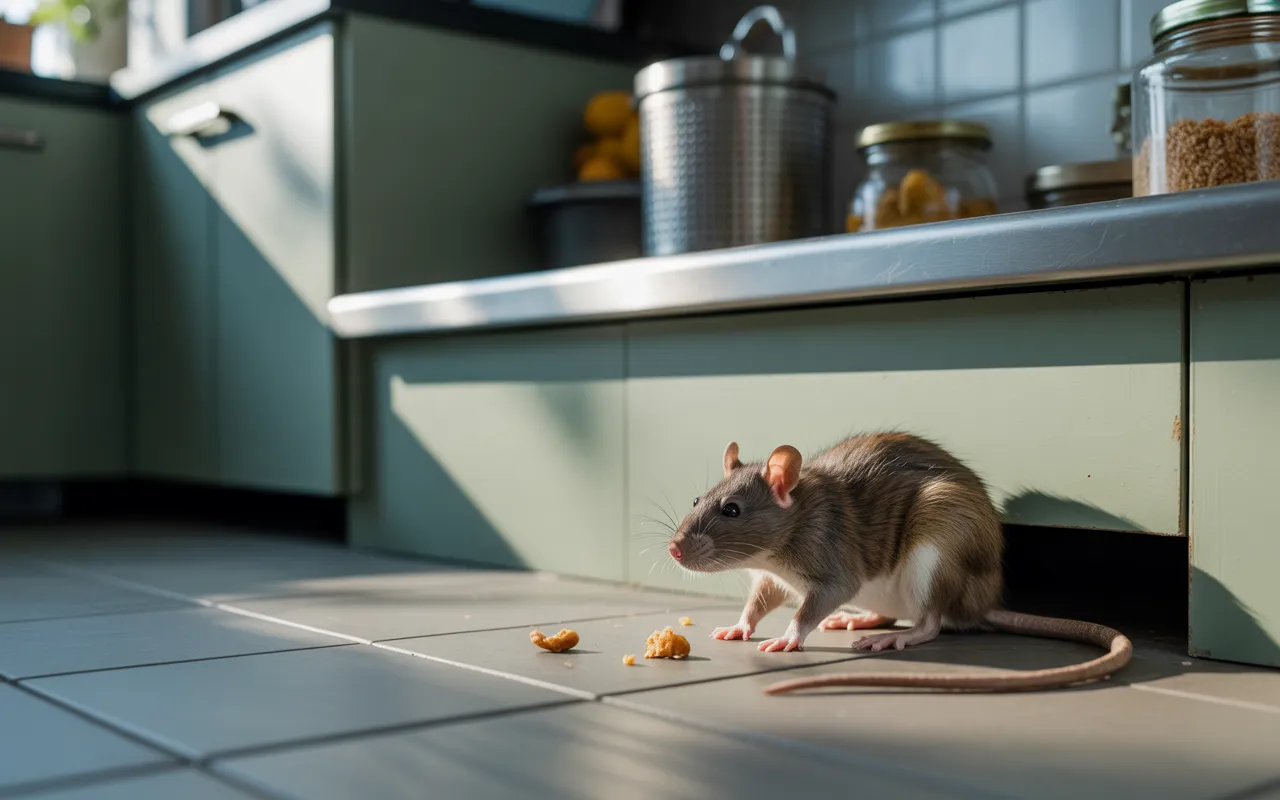 Dératisation: rat brun (Rattus norvegicus) ultra-net au ras du sol dans une cuisine moderne au crépuscule; arrière-plan doux, plinthe guidant le regard, boîte grignotée, miettes et petit trou.