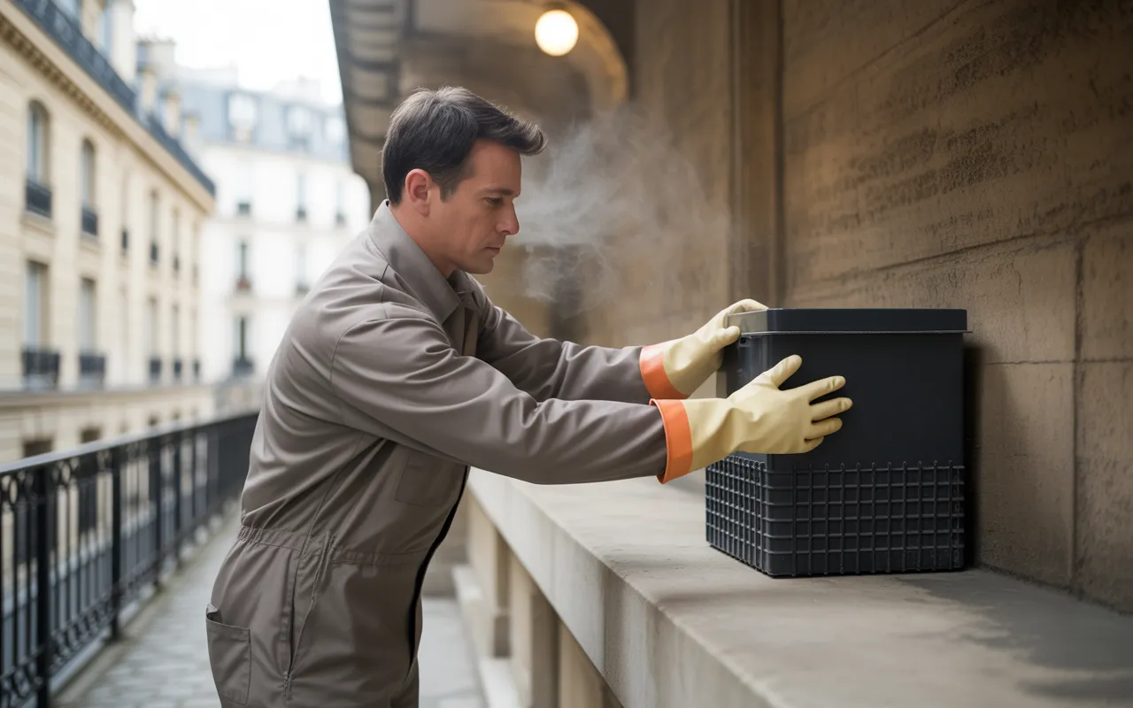Dératisation en Île-de-France : technicien professionnel en gants nitrile posant une boîte d’appât sécurisée noire contre un mur, sous-sol parisien propre.