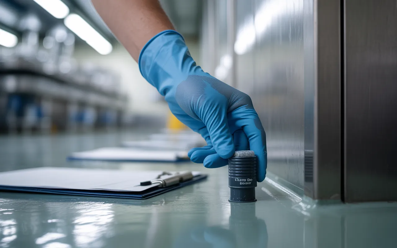 Dératisation agroalimentaire: main gantée plaçant une station d’appâtage scellée au ras de l’angle mur-sol en atelier inox, contrôle HACCP et hygiène stricte.