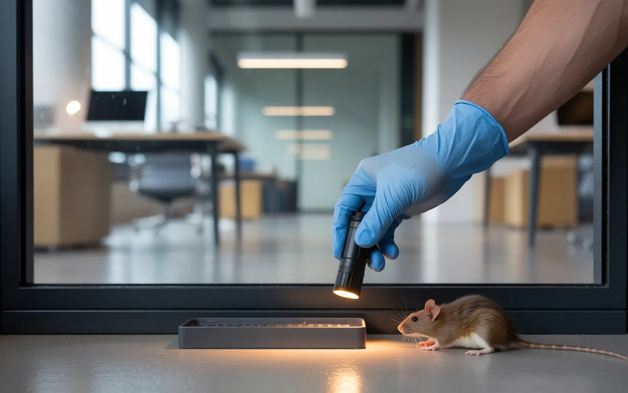 Dératisation en bureau moderne: gros plan au sol d’une main gantée plaçant une station d’appât noire contre la plinthe; petit rat brun flou au fond.