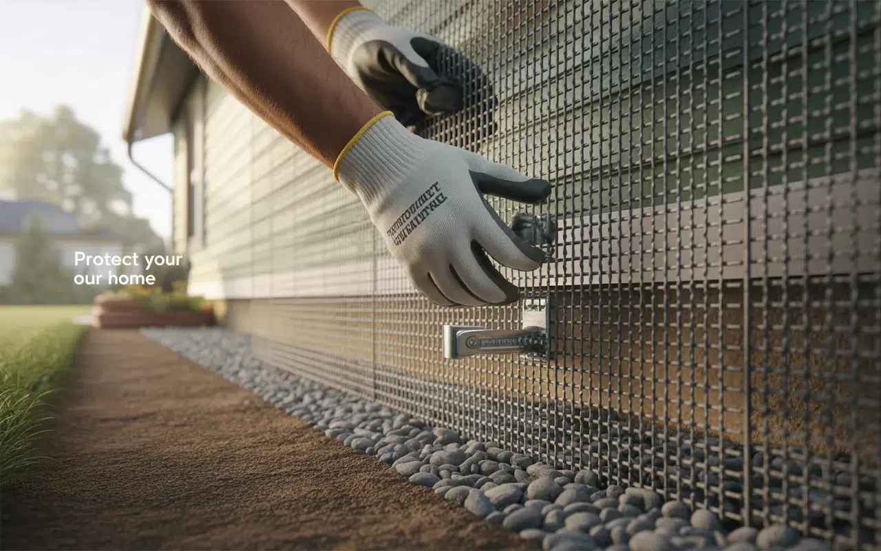 Extérieur de maison, mains gantées posant une barrière physique rongeur: maille métallique galvanisée fine (env. 6 mm) vissée au soubassement avec larges rondelles, partiellement enterrée dans le gravier.