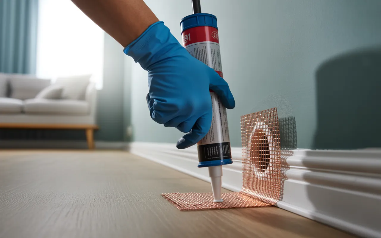 Main gantée insérant de la maille en cuivre et appliquant un mastic autour d’un tuyau à la plinthe pour boucher passage rongeurs; zone de comblement nette, intérieur propre.