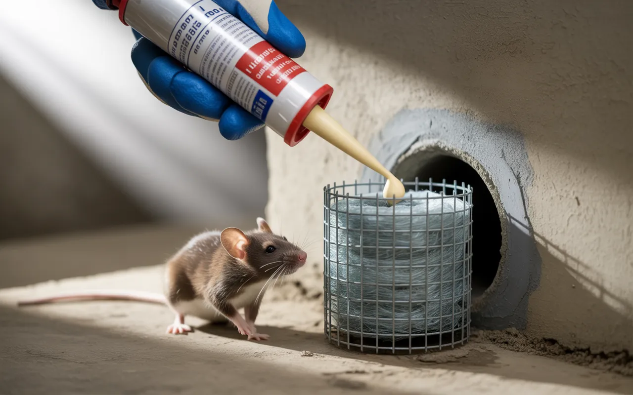 Gros plan au ras du sol d’une étanchéité anti rongeur: entrée de tuyau PVC dans mur de sous-sol scellée (laine d’acier, mastic PU) sous grillage galvanisé vissé; main gantée lisse le joint, petite souris floue derrière.