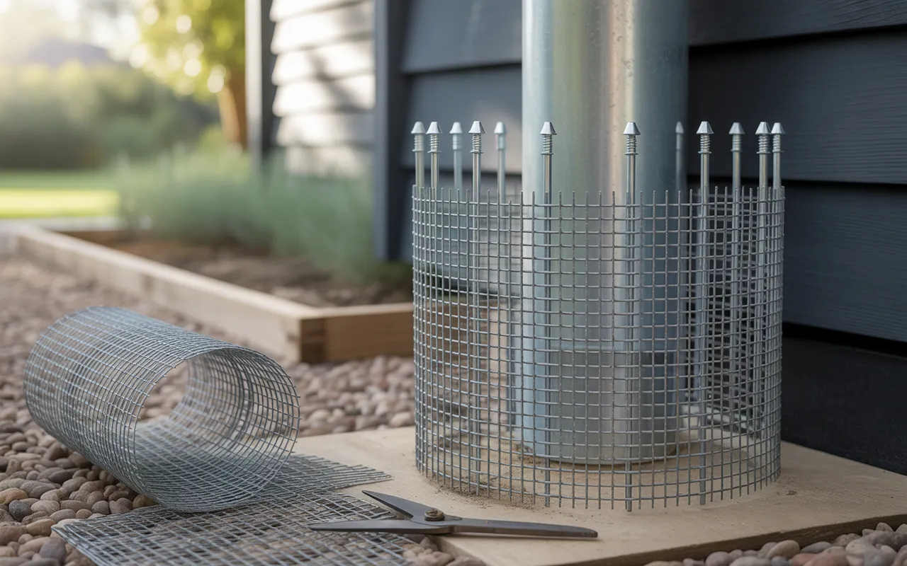 Grillage anti rongeur galvanisé en pose: gros plan des mailles 6 mm fixées au pied d’un mur de maison et autour d’une bouche d’aération, avec mains gantées, vis, agrafes, rouleau et cisailles.