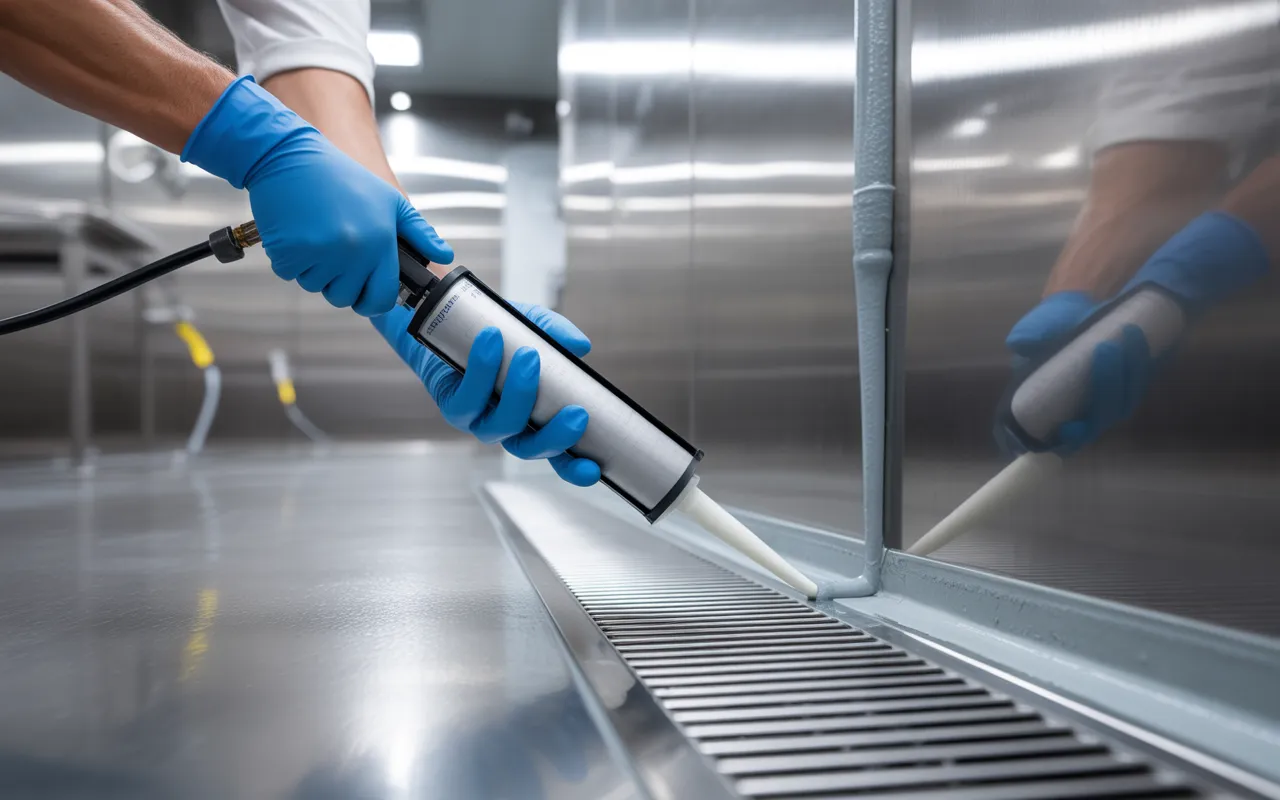 Vignette d’hermétisation anti rongeurs en cuisine industrielle HACCP: main gantée nitrile bleue appliquant un cordon de mastic gris à la jonction mur–sol inox, près d’un drain à treillis fin et d’un balai de bas de porte; inox brossé impeccable, passages de câbles obturés.