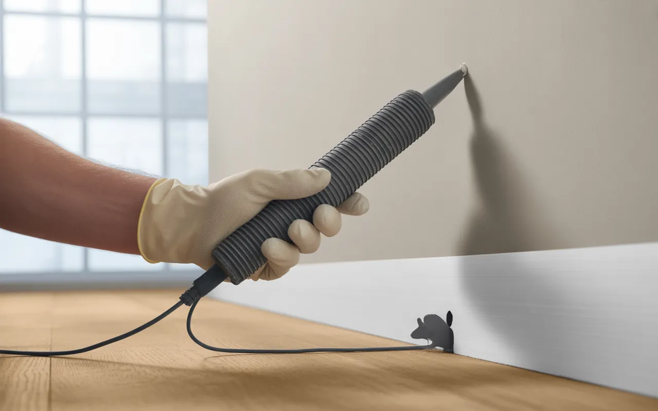 Gros plan DIY: main gantée en nitrile appliquant au pistolet un cordon de mastic anti rongeur gris anthracite, fibreux et légèrement métallique, à la jonction mur–plinthe autour d’un petit trou de câbles; buse biseautée, finition lisse et propre.