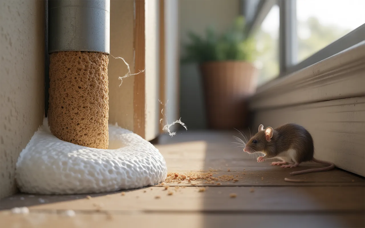 Gros plan de mousse expansive anti rongeur scellant proprement un passage de tuyau au bas d’un mur et plinthe; traces de dents, miettes au sol, souris floue en arrière-plan.