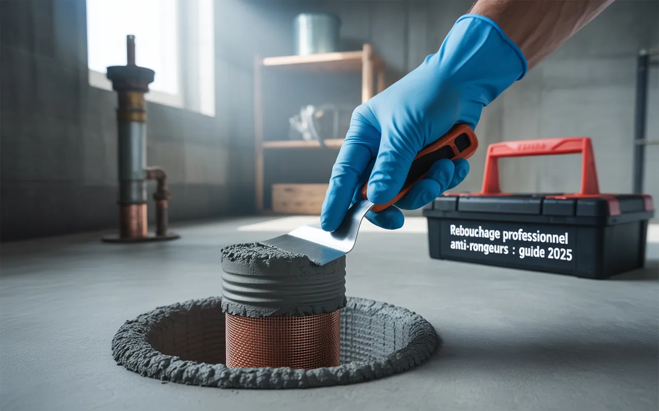 Rebouchage professionnel rongeurs: gros plan d’une main gantée compactant un treillis cuivre/laine d’acier autour d’un tuyau dans un mur béton; mastic anti-rongeurs lissé à la spatule, chantier propre, outils flous.