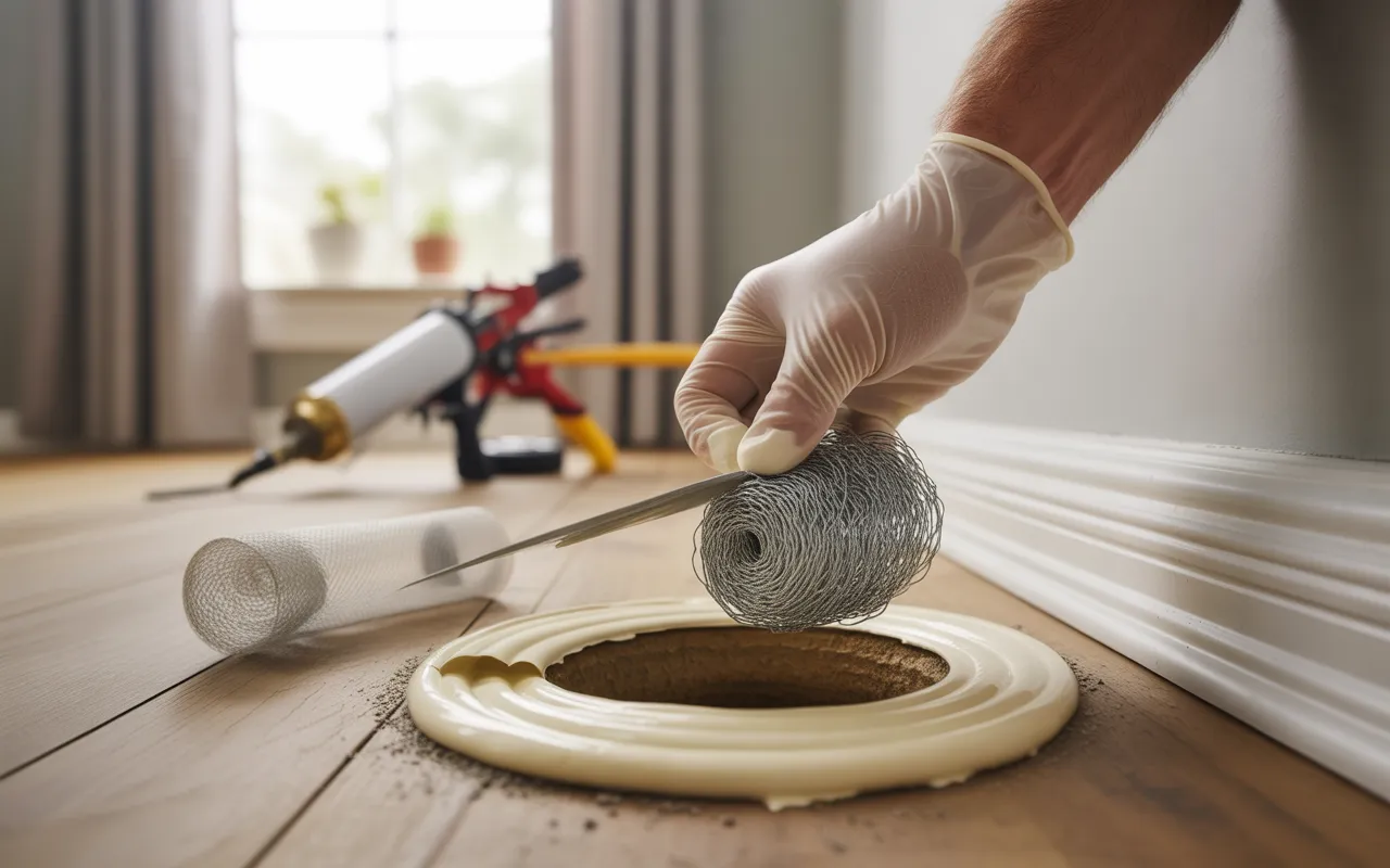 Scène de rebouchage trous rongeurs au bas d’une plinthe: main gantée insérant de la laine d’acier inox et lissant le mastic; outils flous au sol; aucun texte dans l’image.