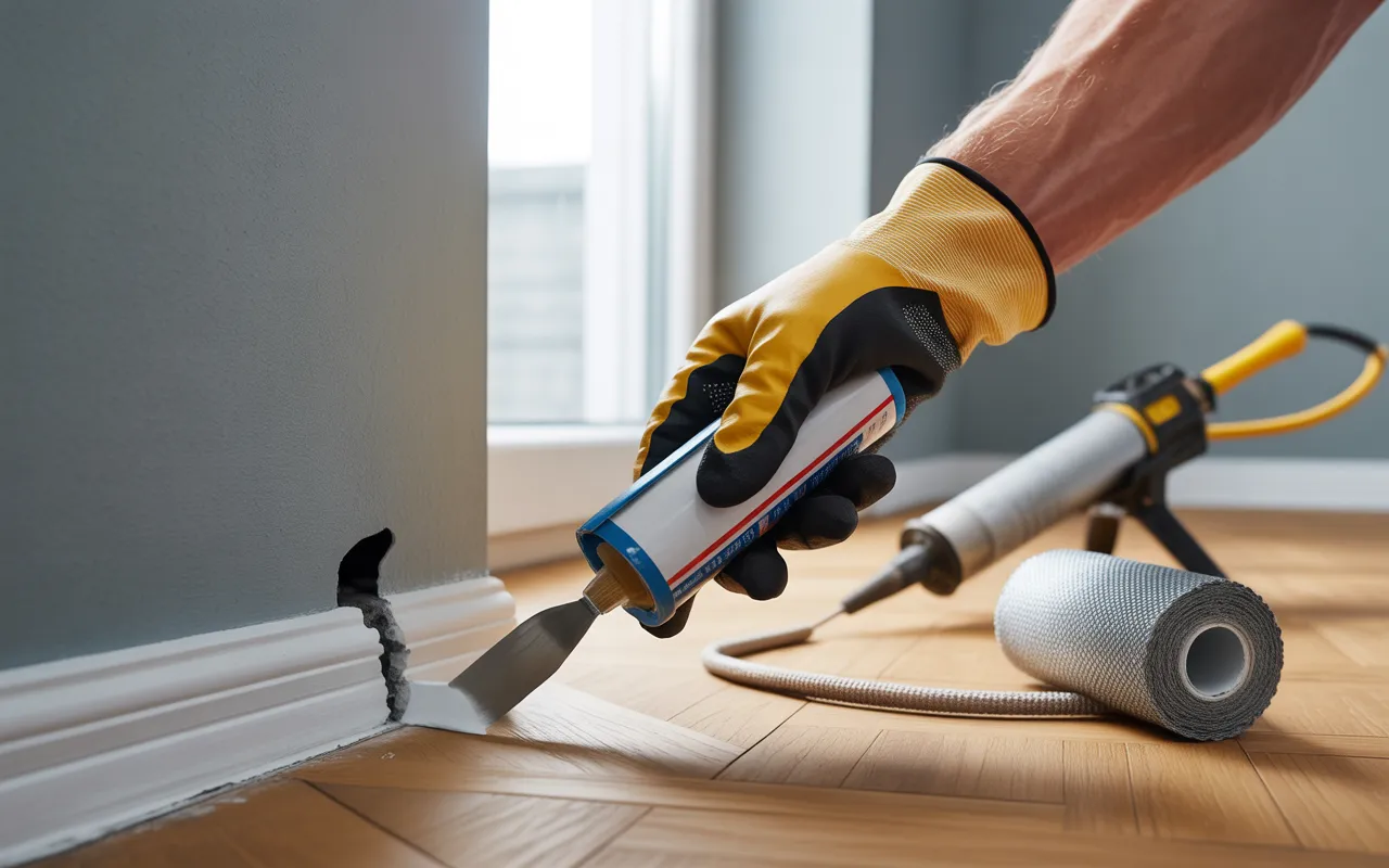 Gros plan d’une main gantée rebouchant la jonction mur–plinthe avec laine d’acier inox et cordon de mastic anti-rongeur, pistolet à mastic flou; reboucher fissure anti rongeur
