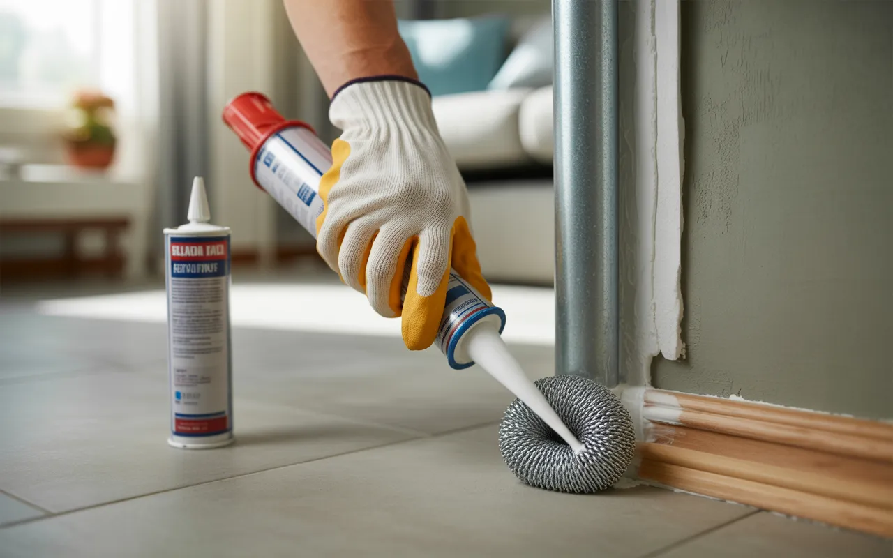 Gros plan ras du sol d’une main gantée pressant de la laine d’acier inoxydable autour d’un tuyau traversant une plinthe et lissant un joint silicone pour reboucher interstice rongeur; pistolet à mastic flou au fond.